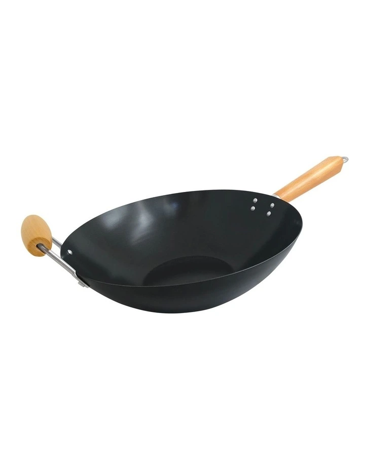 The Cooks Collective 35cm Non-Stick Carbon Steel Wok With Helper Handle