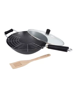 Ken Hom Non-Stick 4 Piece Carbon Steel Wok Set 31cm