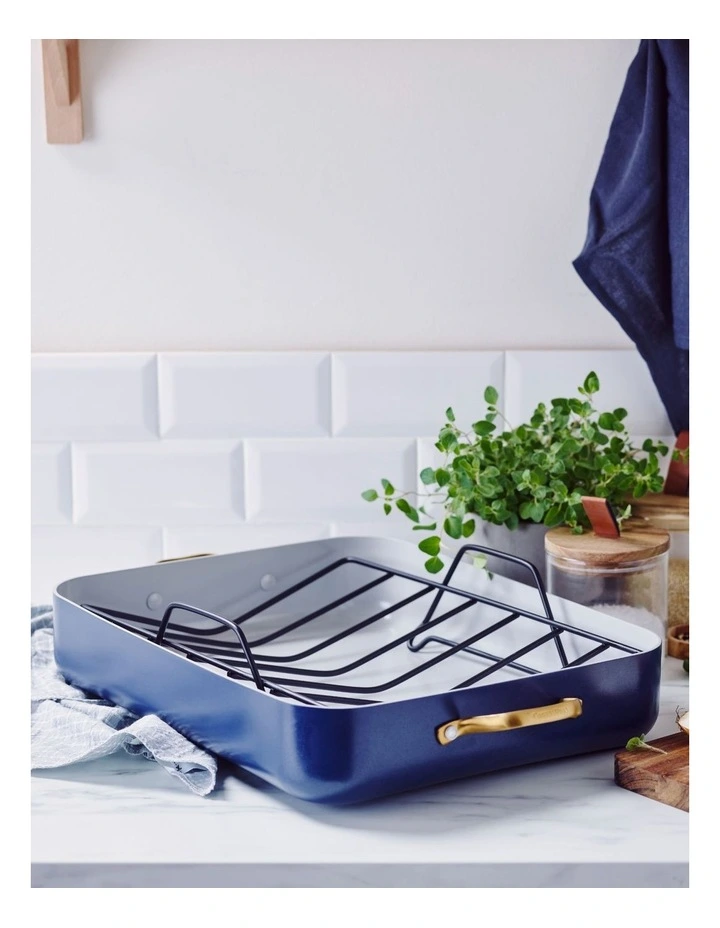 GreenPan Reserve 40.6x33cm Open Rectangular Roaster With Rack In Dark Blue - Image 3