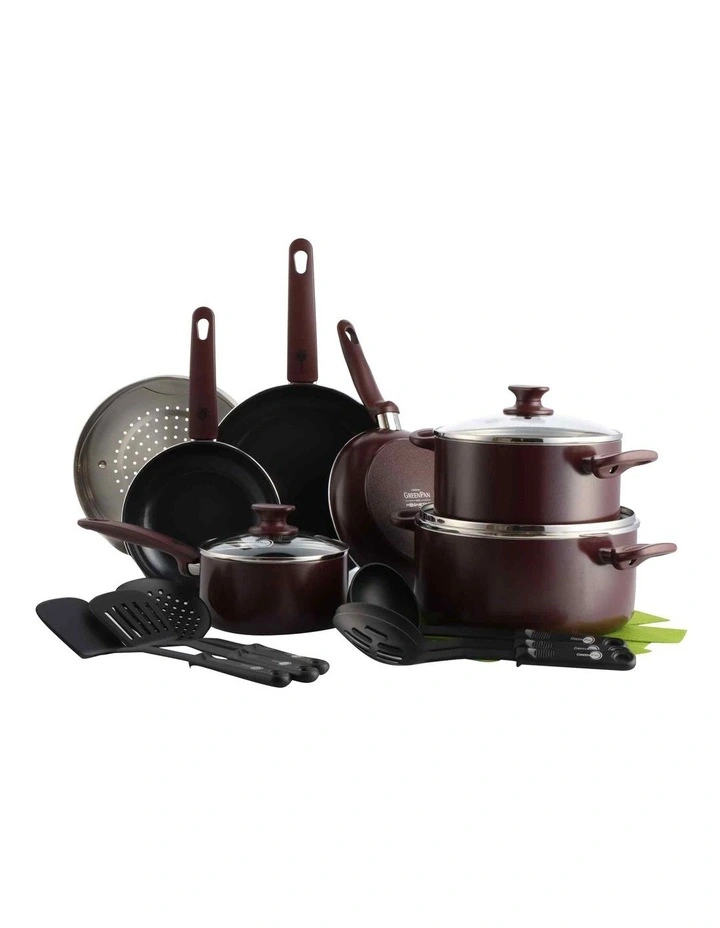 GreenPan Cambridge 15(18)pc Cookware Set With Bonus Protective Sheets In Chocolate Truffle